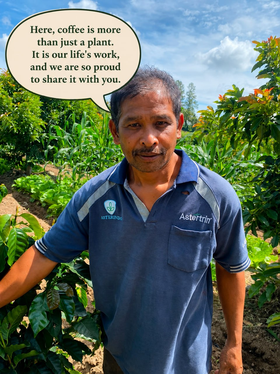 Farmer Jeraman Ginting standing among coffee plants at Kabanjahe